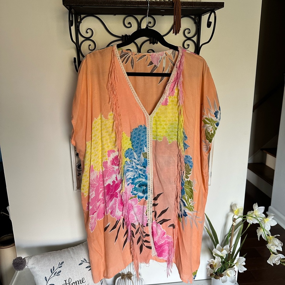 🎯 Floral Multicolor Kaftan Fringe Resort Beach Coverup 100% viscose